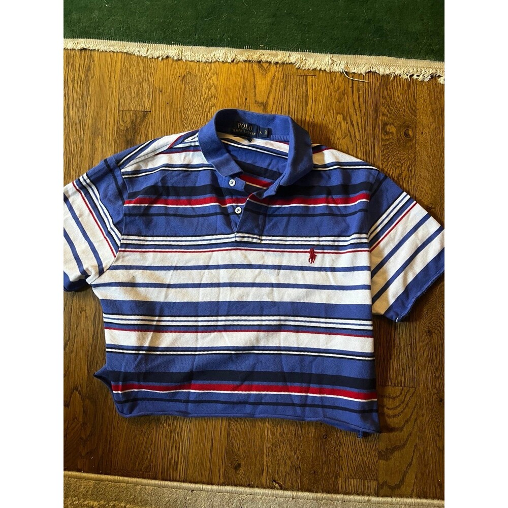 Polo Ralph Lauren Striped Polo Shirt CROPPED Women’s sz L Red White Blue Preppy